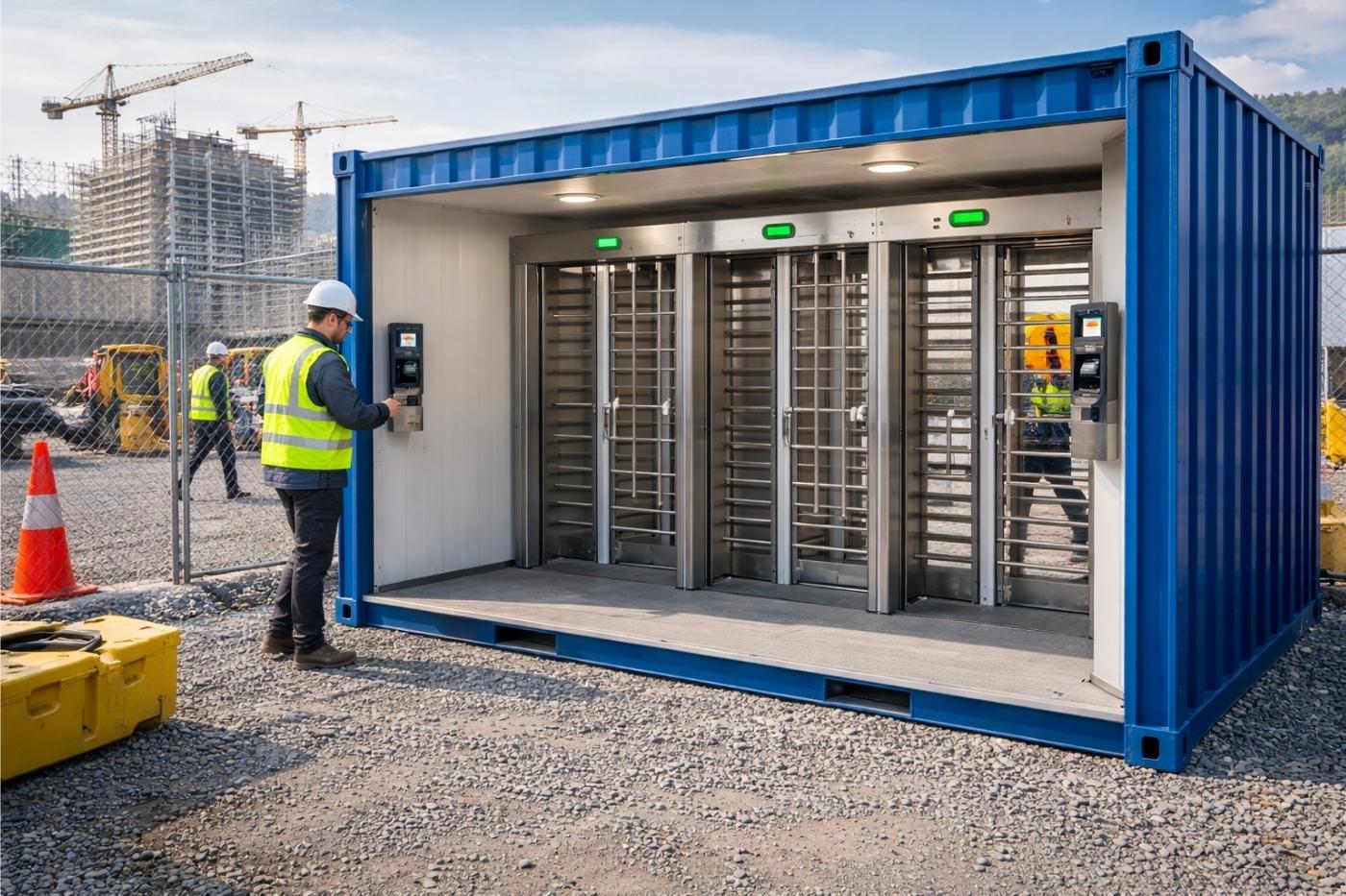 Containerised access control system with full-height turnstiles at a construction site in South Africa