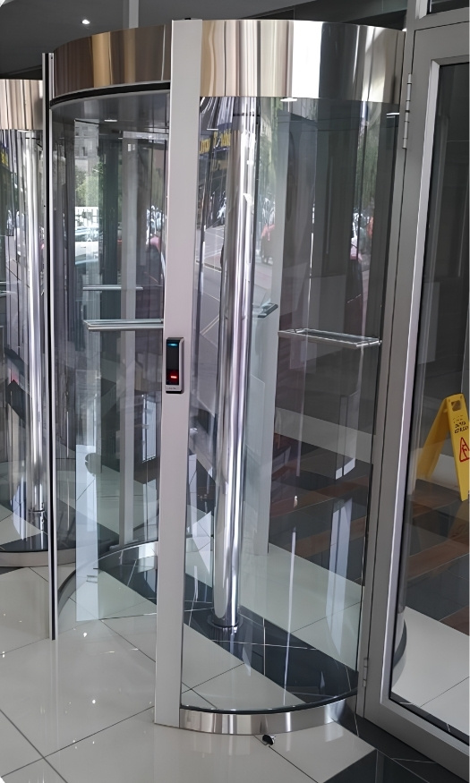 Biometric security revolving door installed at the entrance to a residential building