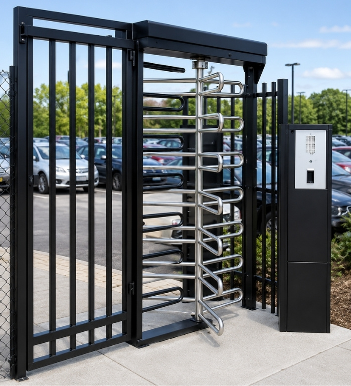 Coin or breathalyzer operated turnstile with service gate
