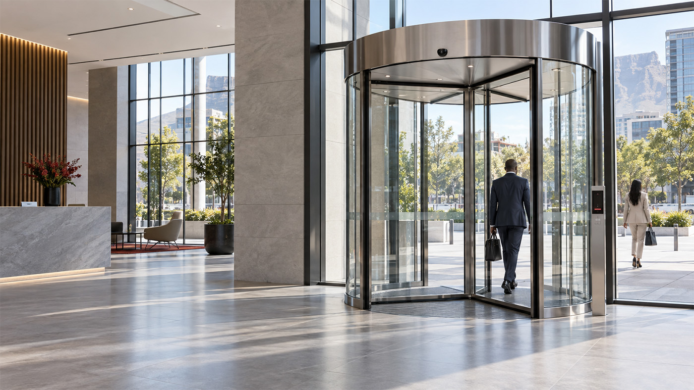 Automatic glass revolving door at a modern office lobby entrance